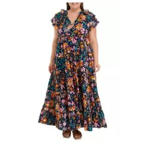 Crown & Ivy Maxi Dress 2X Floral Ruffle Sleeve Boho Tiered‎ Pockets Navy